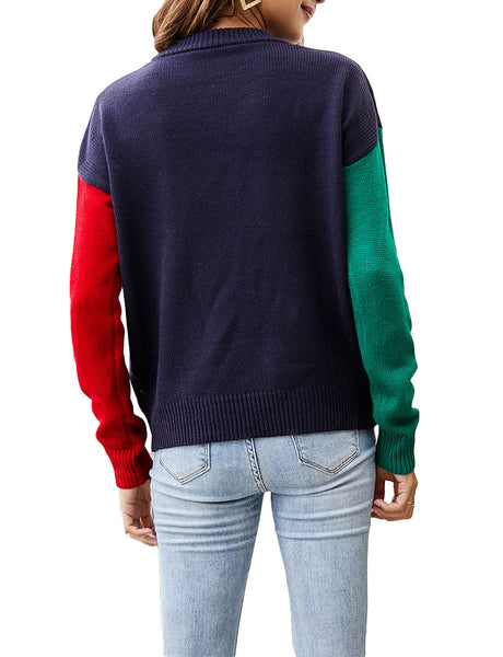 Women's Casual Stitching Pattern Christmas Top Long Sleeve Pullover Sweater