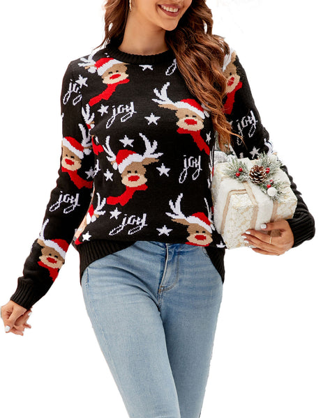 Women's Casual Christmas Top Reindeer Long Sleeve Pullover Sweater