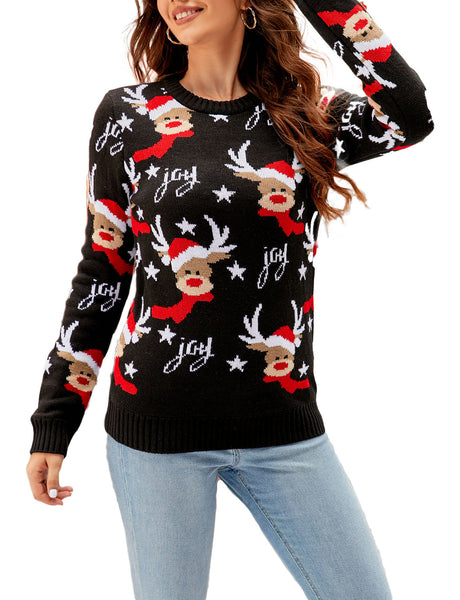 Women's Casual Christmas Top Reindeer Long Sleeve Pullover Sweater