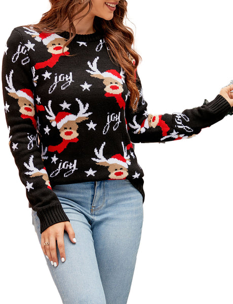 Women's Casual Christmas Top Reindeer Long Sleeve Pullover Sweater