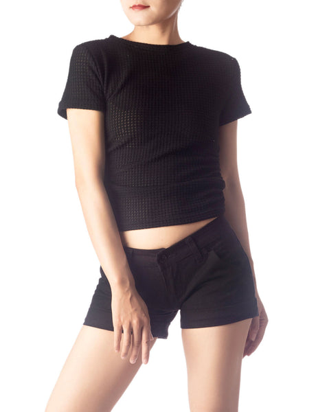 Women's Slim Fit Stretchy Crochet Comfort Short Sleeves T-shirt