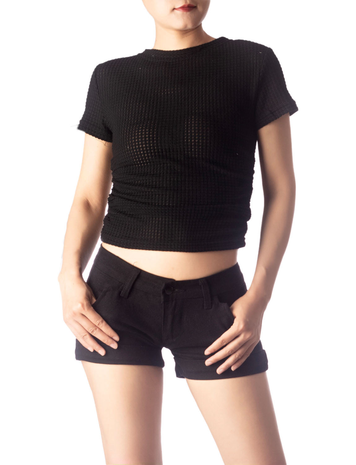 Women's Slim Fit Stretchy Crochet Comfort Short Sleeves T-shirt
