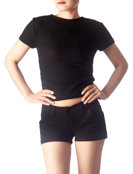 Women's Slim Fit Stretchy Crochet Comfort Short Sleeves T-shirt