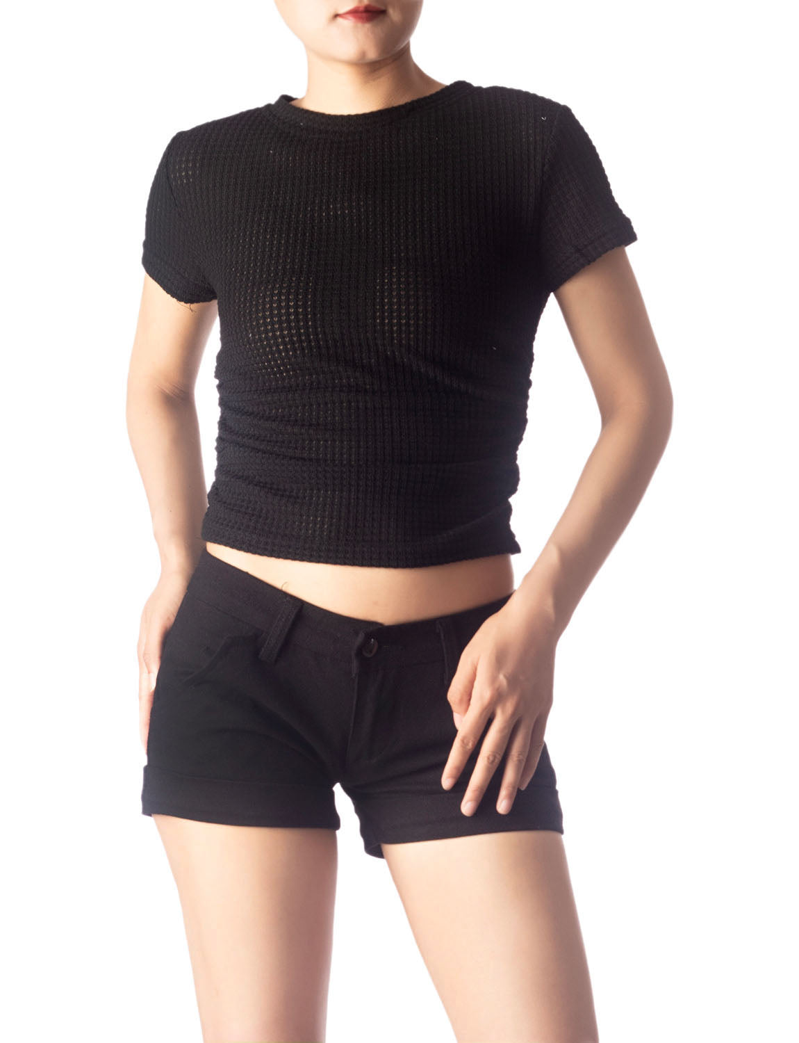 Women's Slim Fit Stretchy Crochet Comfort Short Sleeves T-shirt