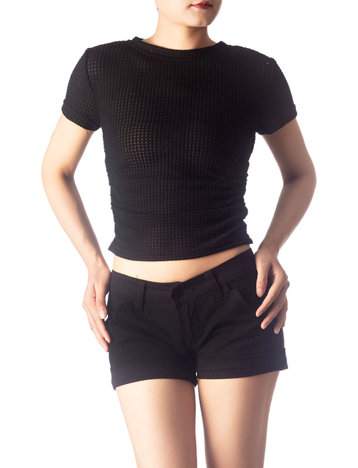 Women's Slim Fit Stretchy Crochet Comfort Short Sleeves T-shirt