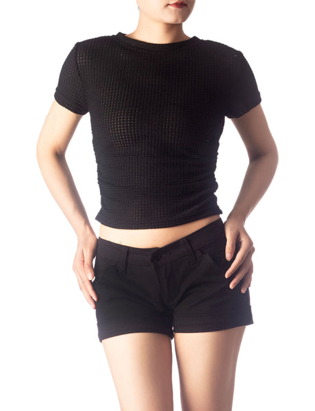 Women's Slim Fit Stretchy Crochet Comfort Short Sleeves T-shirt