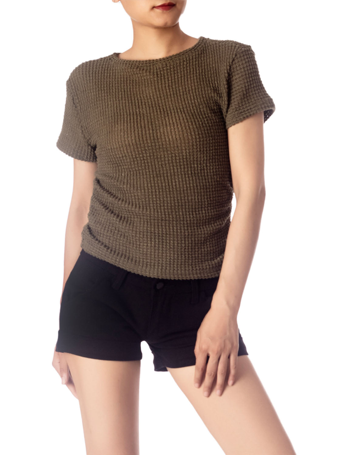 Women's Slim Fit Stretchy Crochet Comfort Short Sleeves T-shirt