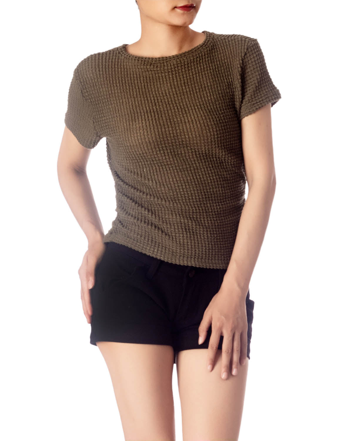 Women's Slim Fit Stretchy Crochet Comfort Short Sleeves T-shirt