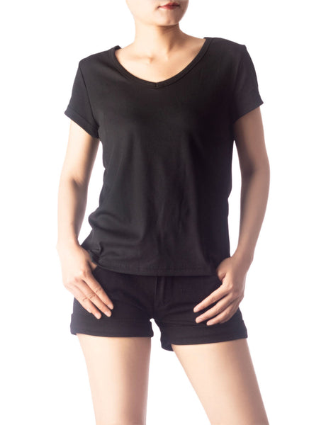 Women's Slim Fit Stretchy Deep U Neck Comfort Cap Sleeves T-shirt