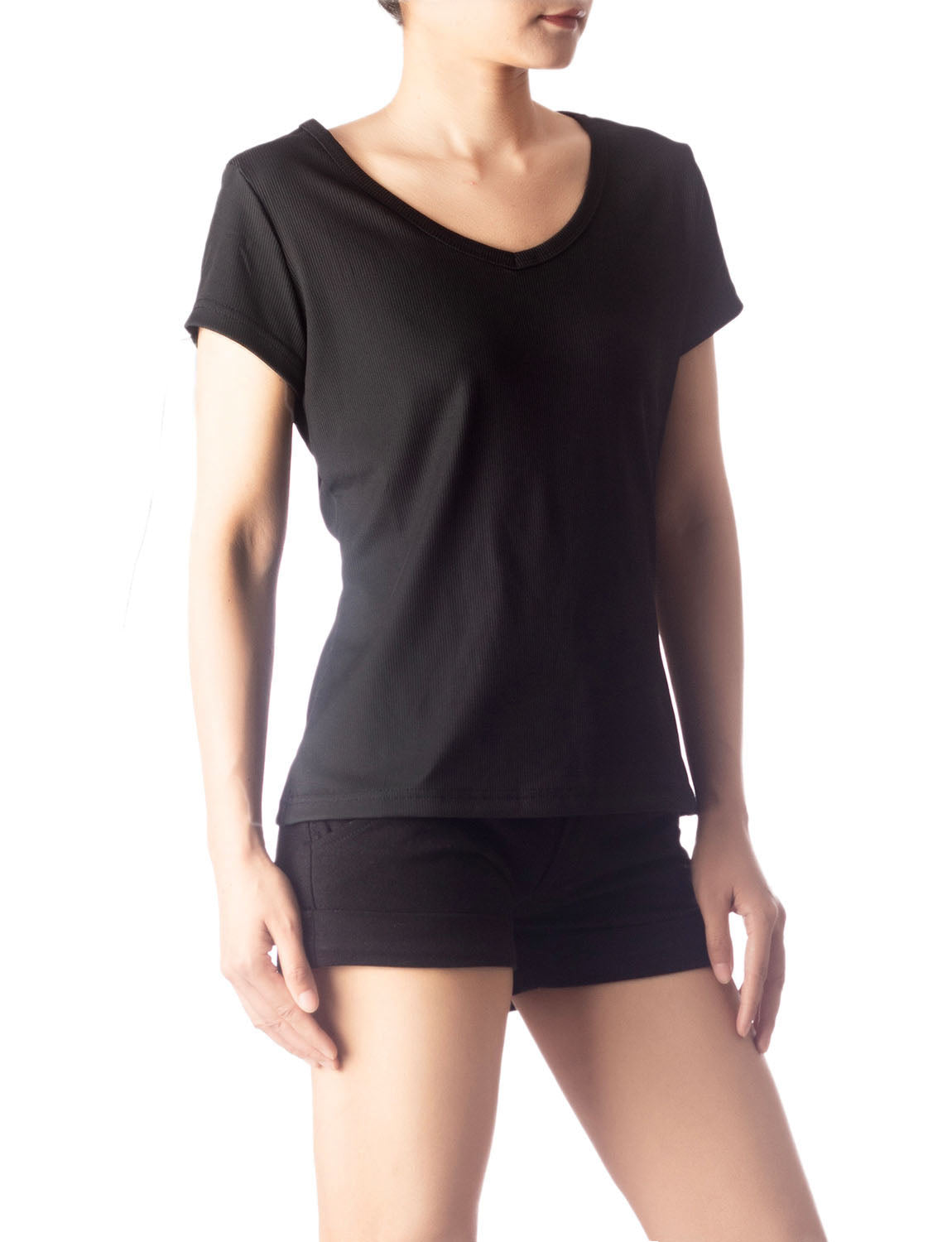 Women's Slim Fit Stretchy Deep U Neck Comfort Cap Sleeves T-shirt