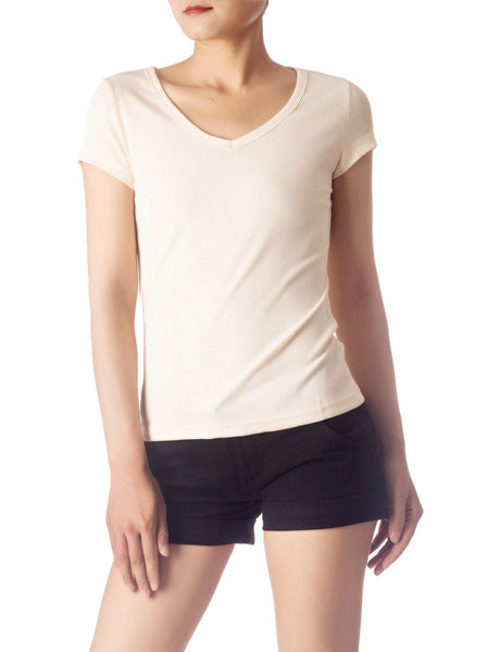 Women's Slim Fit Stretchy Deep U Neck Comfort Cap Sleeves T-shirt