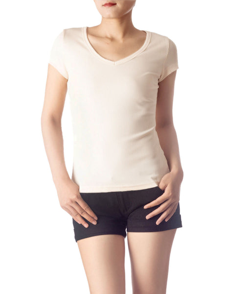 Women's Slim Fit Stretchy Deep U Neck Comfort Cap Sleeves T-shirt