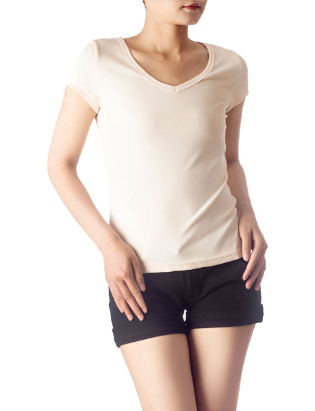 Women's Slim Fit Stretchy Deep U Neck Comfort Cap Sleeves T-shirt