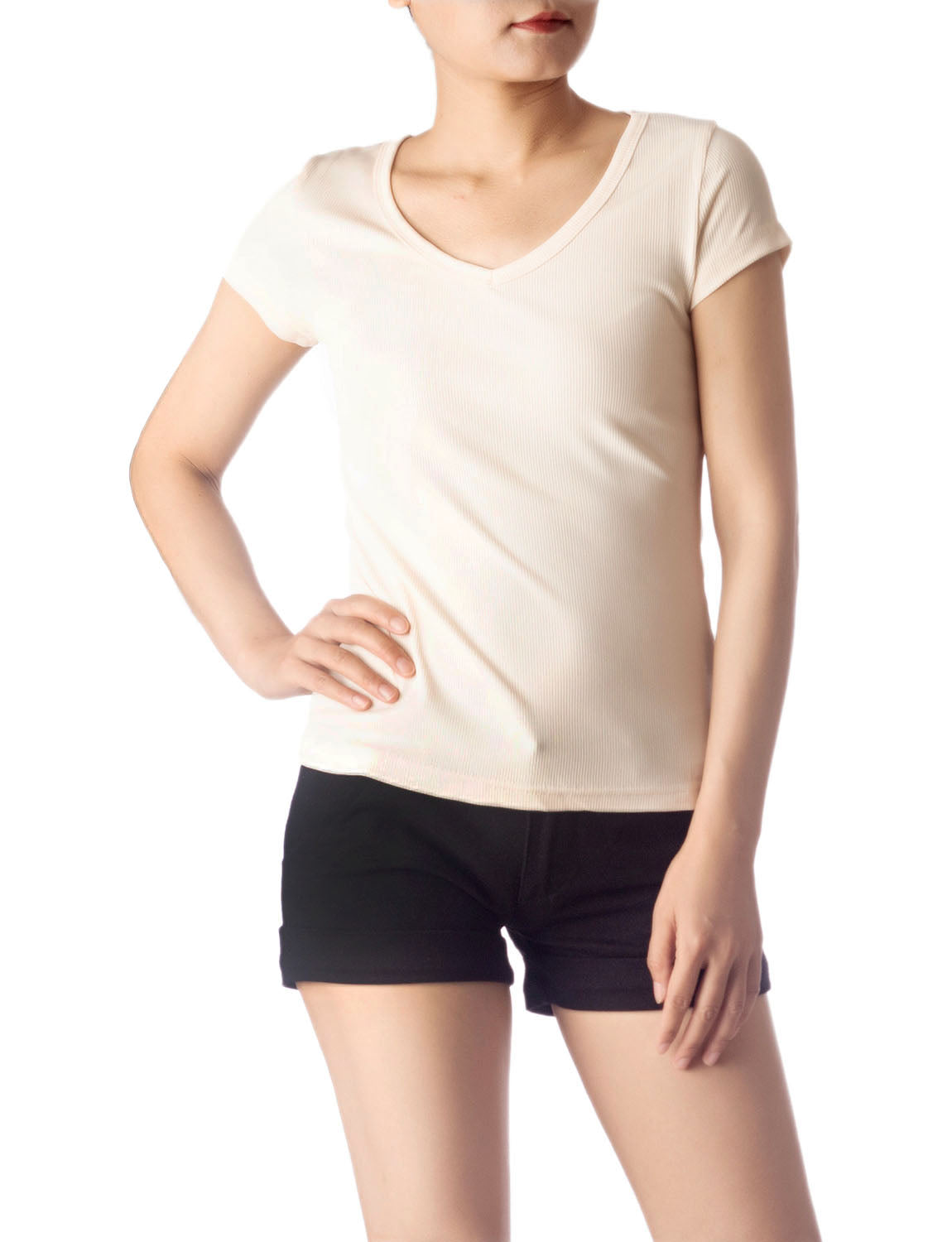 Women's Slim Fit Stretchy Deep U Neck Comfort Cap Sleeves T-shirt