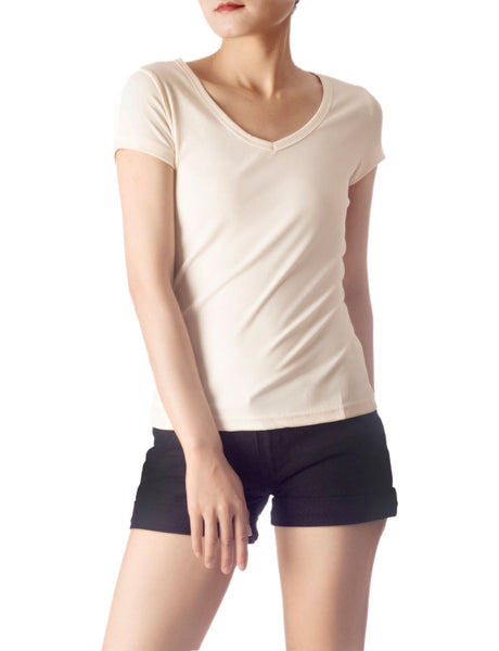Women's Slim Fit Stretchy Deep U Neck Comfort Cap Sleeves T-shirt