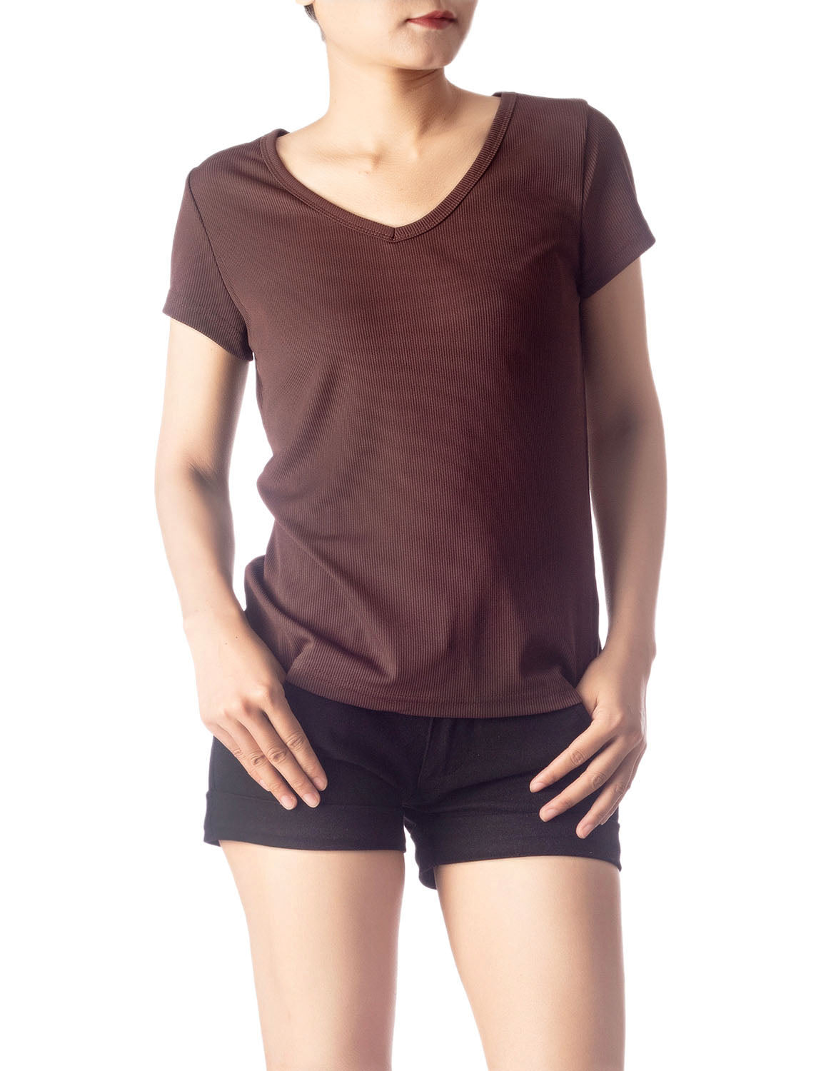 Women's Slim Fit Stretchy Deep U Neck Comfort Cap Sleeves T-shirt