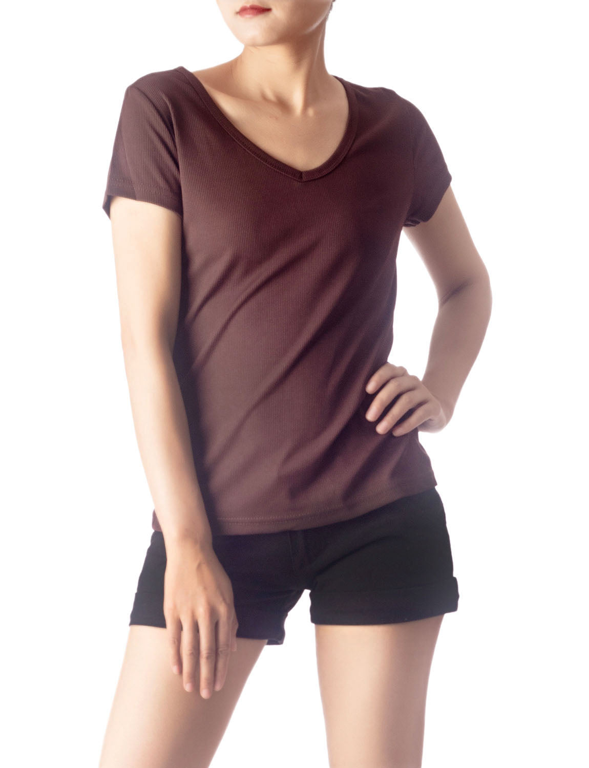 Women's Slim Fit Stretchy Deep U Neck Comfort Cap Sleeves T-shirt
