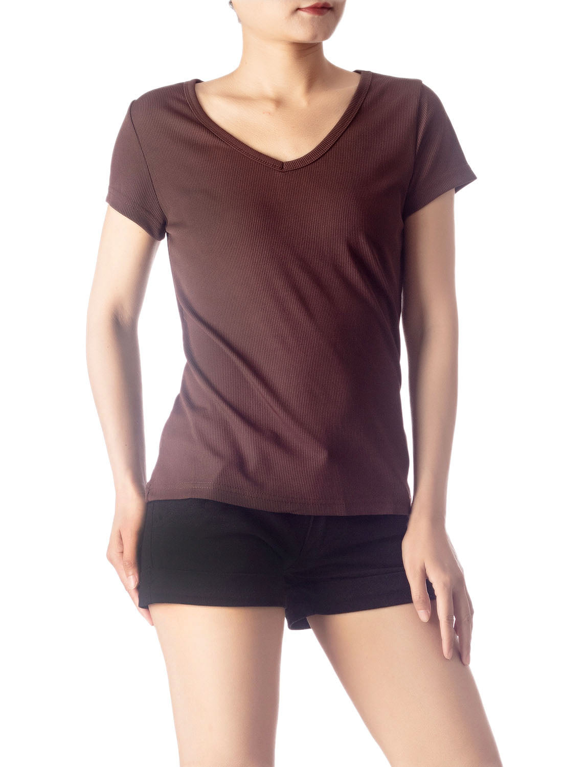 Women's Slim Fit Stretchy Deep U Neck Comfort Cap Sleeves T-shirt