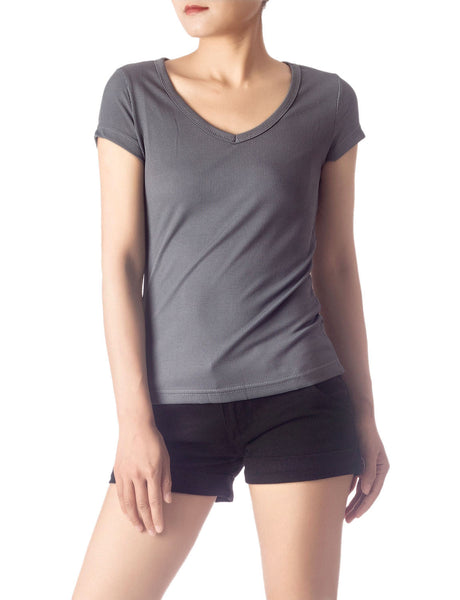 Women's Slim Fit Stretchy Deep U Neck Comfort Cap Sleeves T-shirt