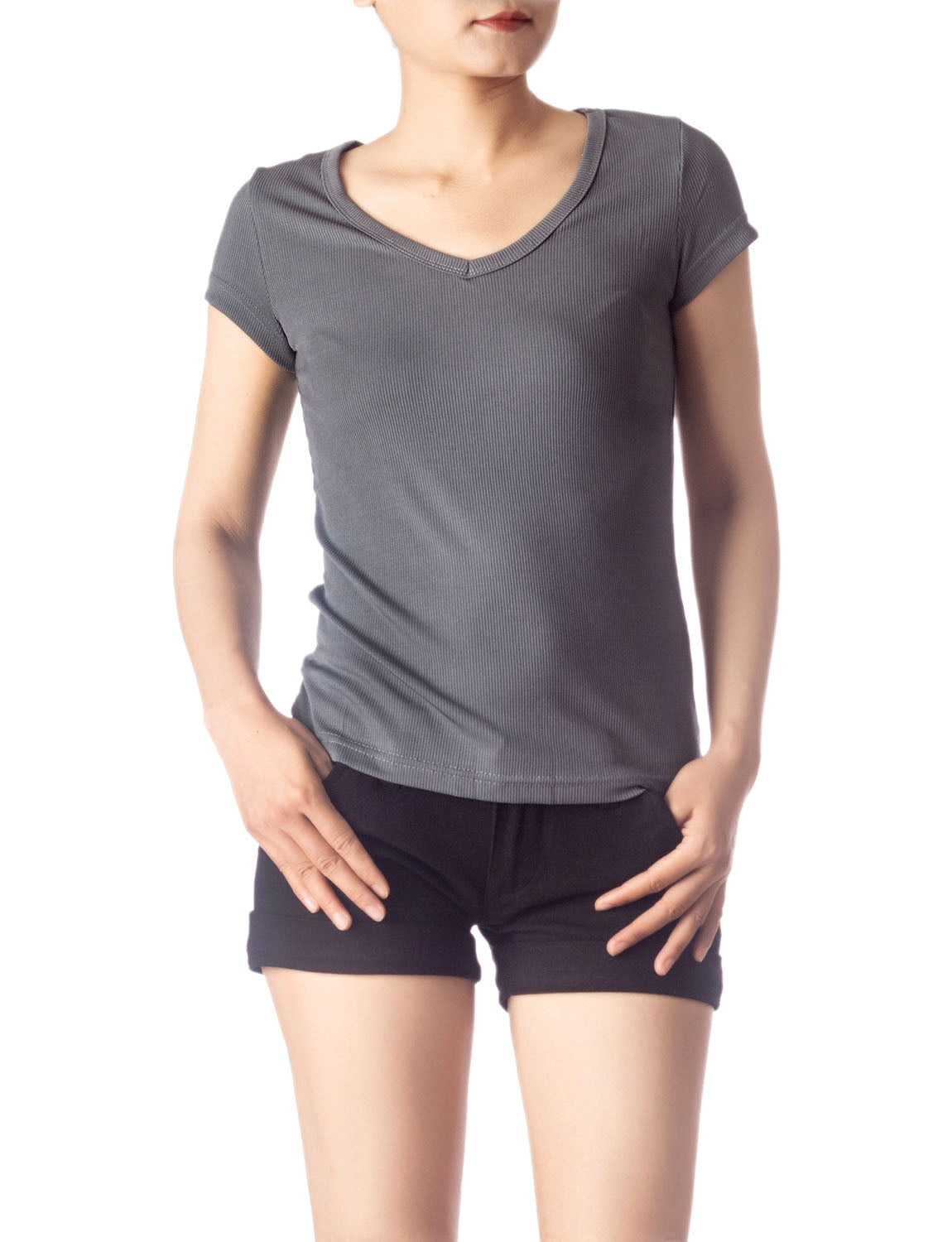 Women's Slim Fit Stretchy Deep U Neck Comfort Cap Sleeves T-shirt