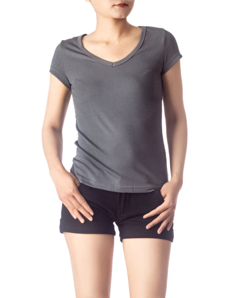Women's Slim Fit Stretchy Deep U Neck Comfort Cap Sleeves T-shirt