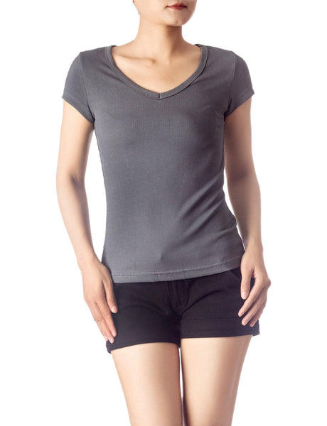 Women's Slim Fit Stretchy Deep U Neck Comfort Cap Sleeves T-shirt