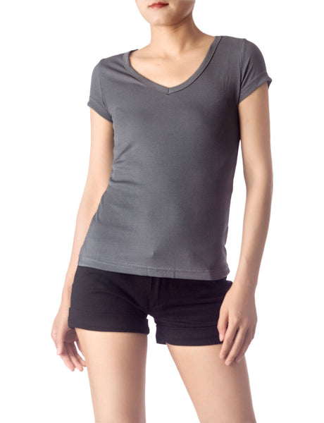 Women's Slim Fit Stretchy Deep U Neck Comfort Cap Sleeves T-shirt