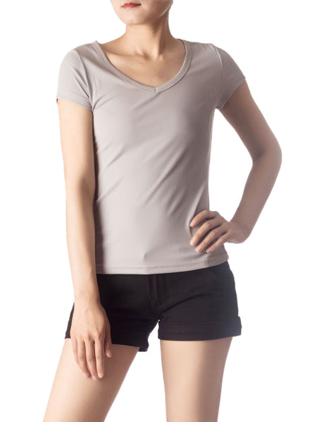 Women's Slim Fit Stretchy Deep U Neck Comfort Cap Sleeves T-shirt