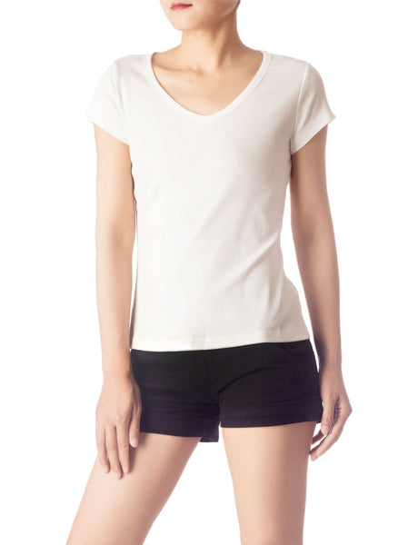 Women's Slim Fit Stretchy Deep U Neck Comfort Cap Sleeves T-shirt