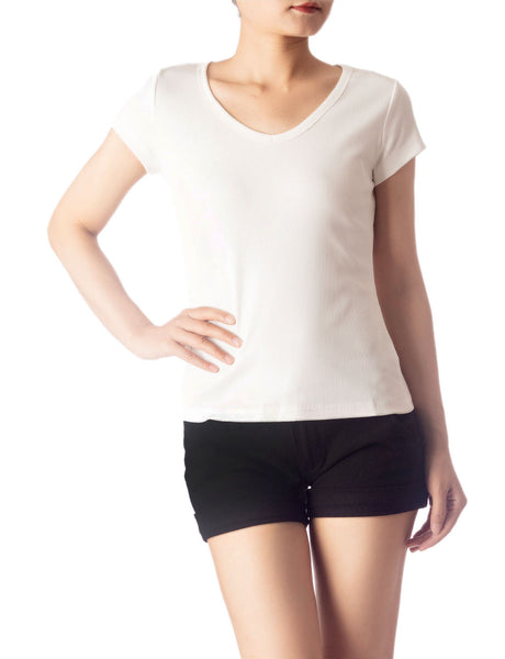 Women's Slim Fit Stretchy Deep U Neck Comfort Cap Sleeves T-shirt