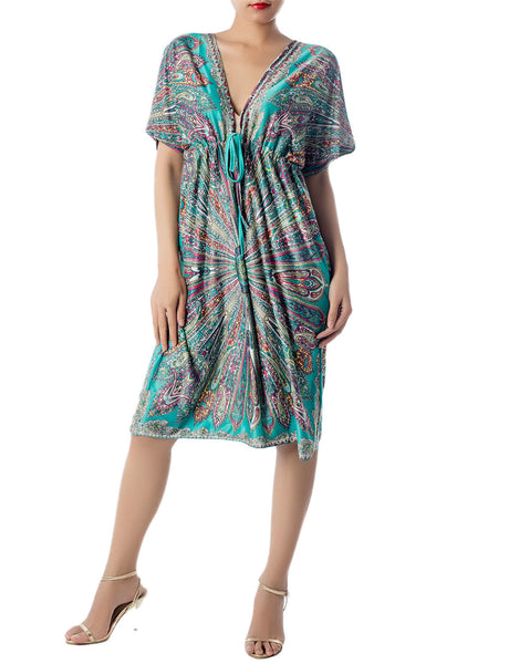 Women's Plunge Deep V-neck Floral Cozy Sack Relaxed Mid-thigh Tunic Dress