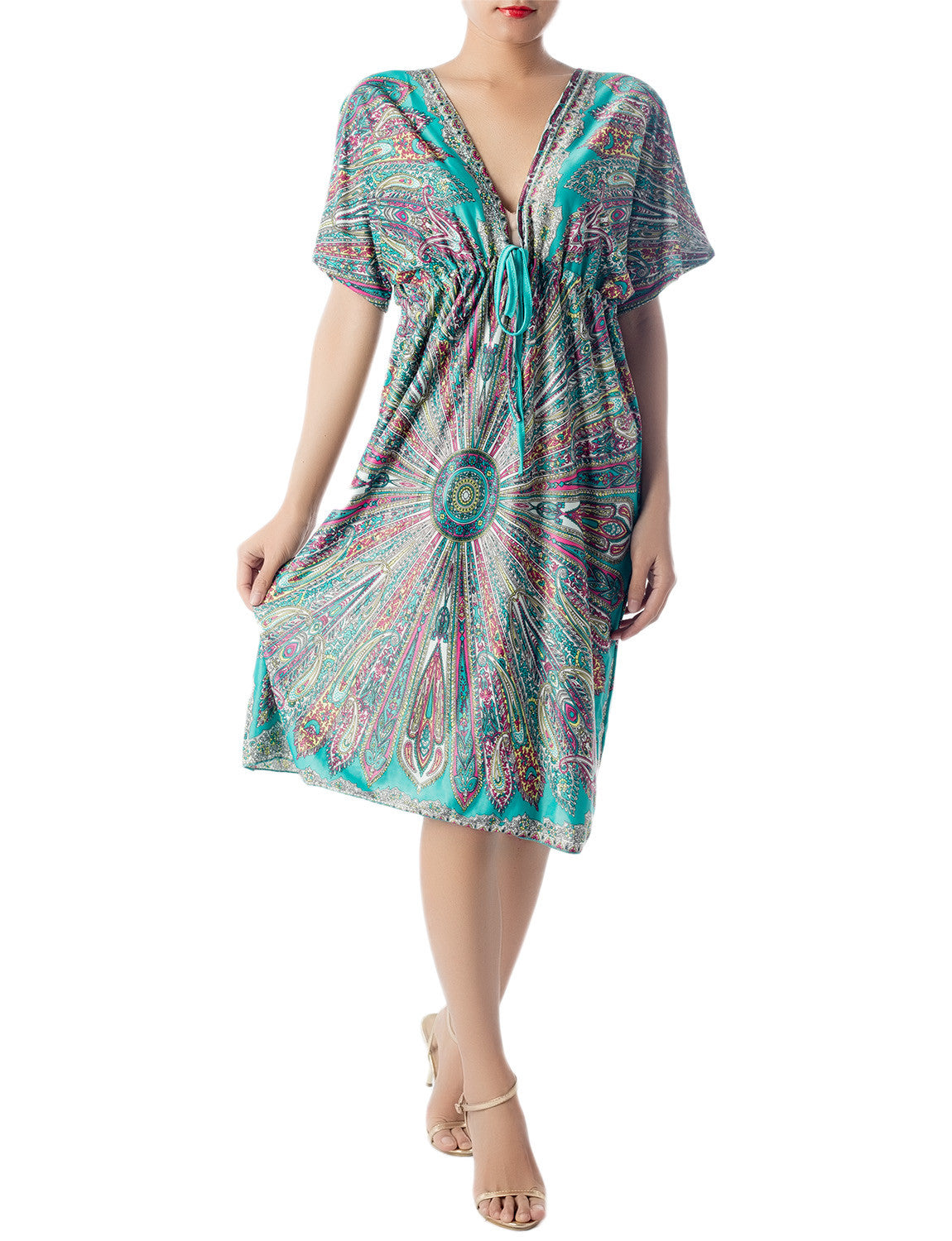 Women's Plunge Deep V-neck Floral Cozy Sack Relaxed Mid-thigh Tunic Dress