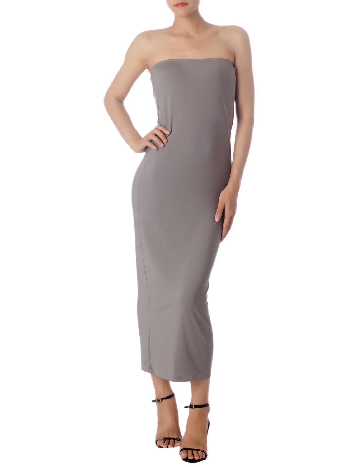 Women's Semi See Through Sleeveless Stretchy Tube Pencil Tight Long Strapless Bodycon Dress