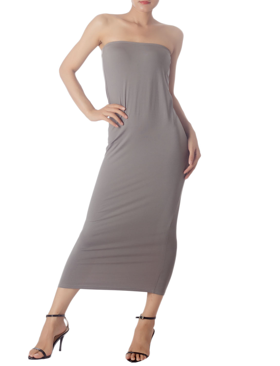 Women's Semi See Through Sleeveless Stretchy Tube Pencil Tight Long Strapless Bodycon Dress