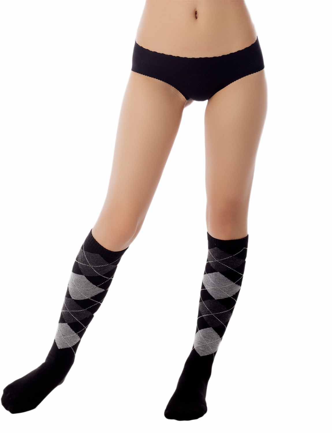 Women's Tartan Black Knee High School Style Checkered Ladies Long Socks