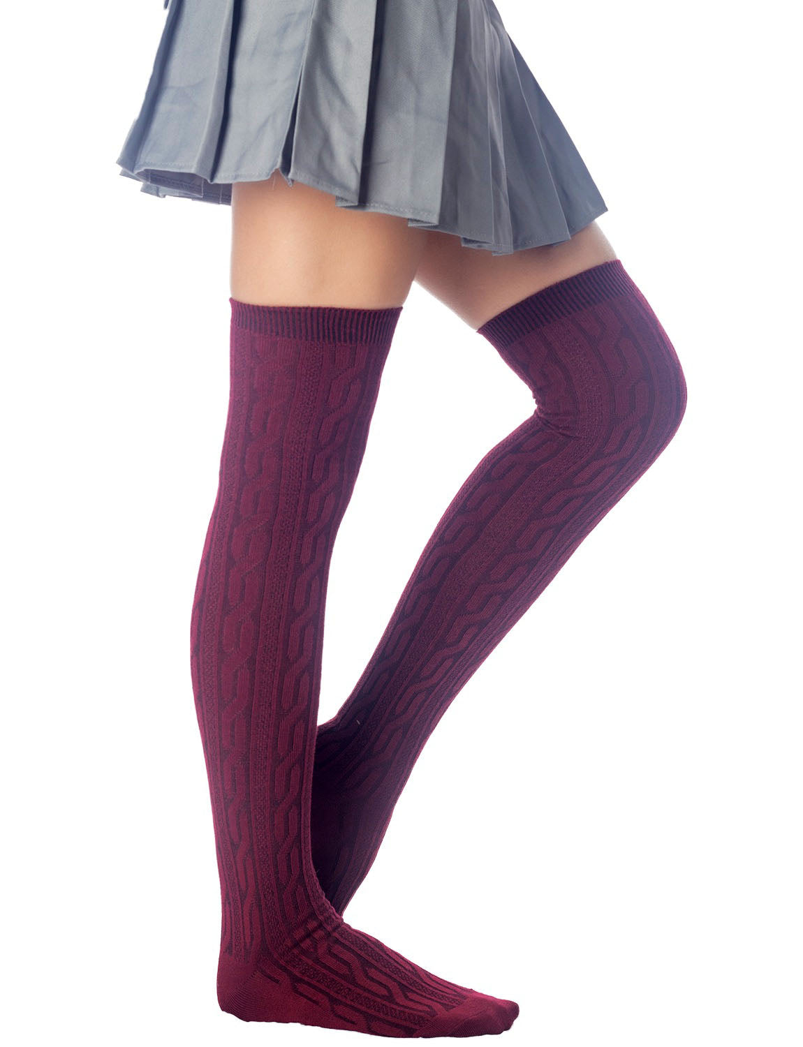 Women's Braided Pattern Stylish Solid Color Hold-up Thigh High Casual Long Socks