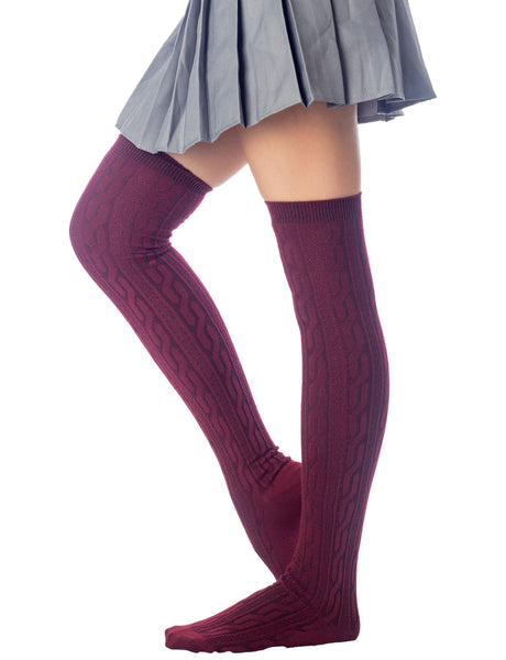Women's Braided Pattern Stylish Solid Color Hold-up Thigh High Casual Long Socks