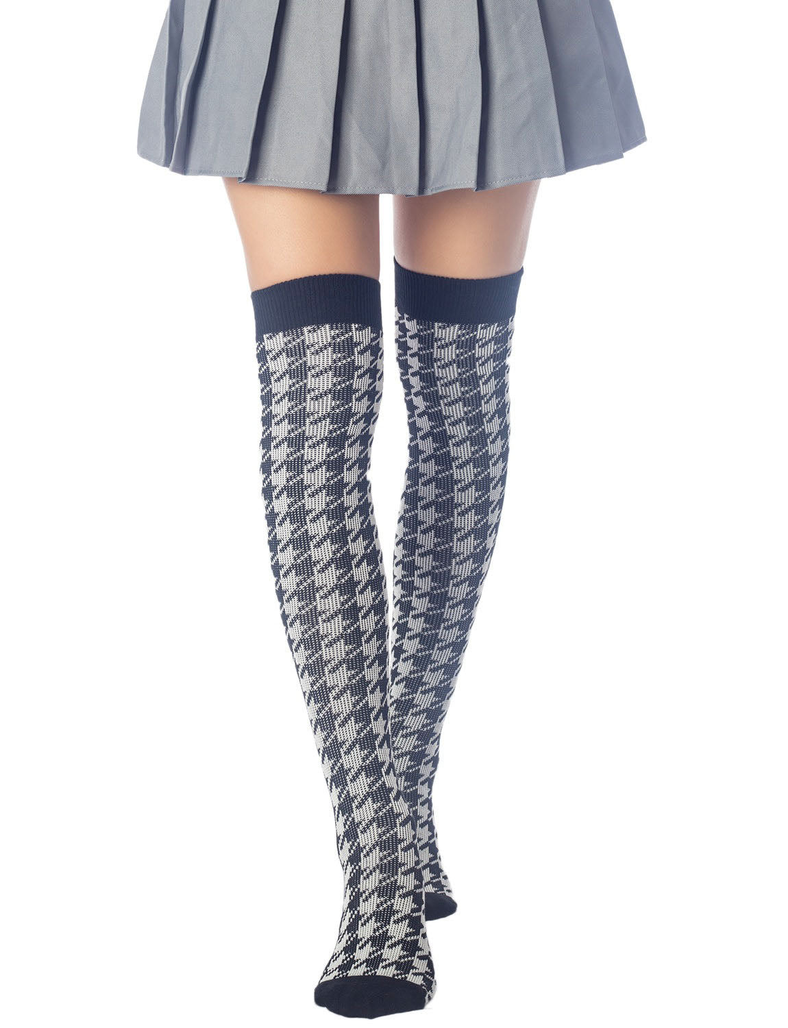 Women's Houndstooth Pattern Stylish Solid Color Hold-up Thigh High Long Socks