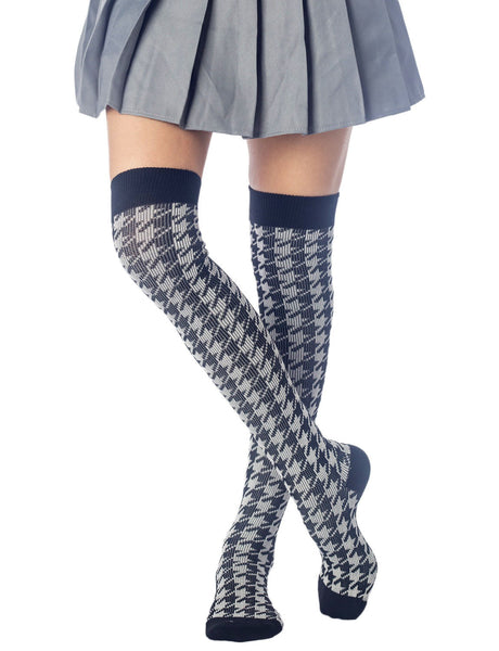 Women's Houndstooth Pattern Stylish Solid Color Hold-up Thigh High Long Socks