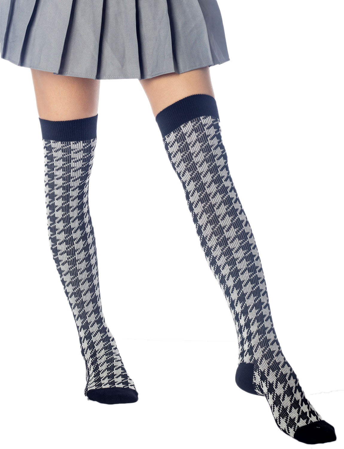 Women's Houndstooth Pattern Stylish Solid Color Hold-up Thigh High Long Socks