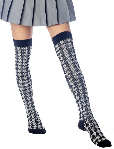 Women's Houndstooth Pattern Stylish Solid Color Hold-up Thigh High Long Socks
