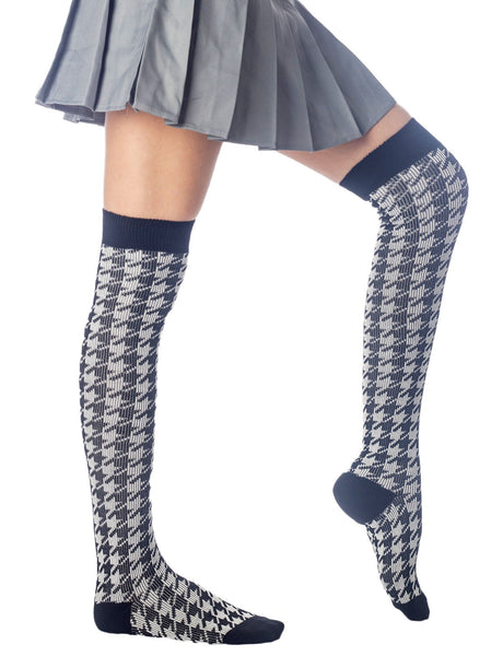 Women's Houndstooth Pattern Stylish Solid Color Hold-up Thigh High Long Socks