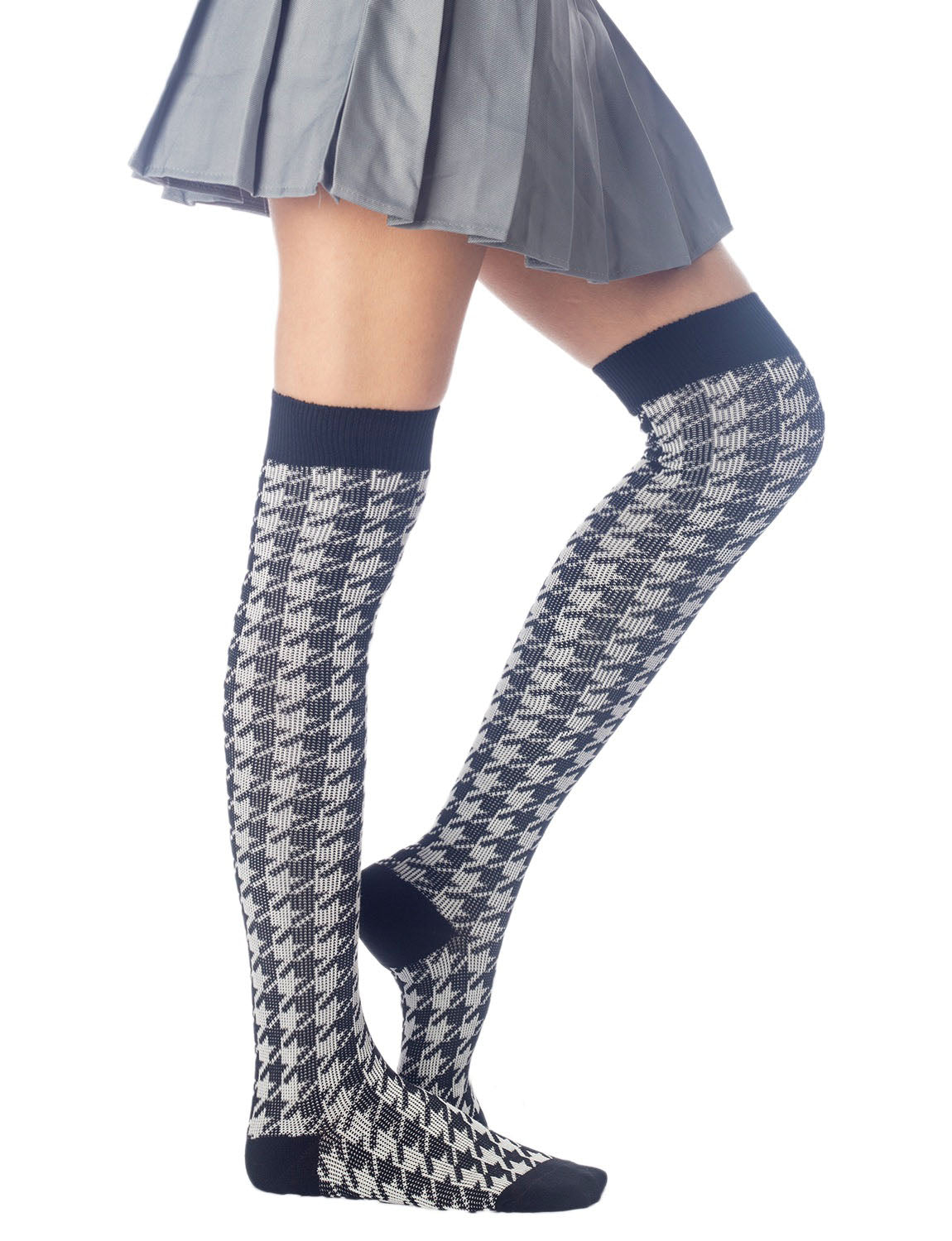 Women's Houndstooth Pattern Stylish Solid Color Hold-up Thigh High Long Socks