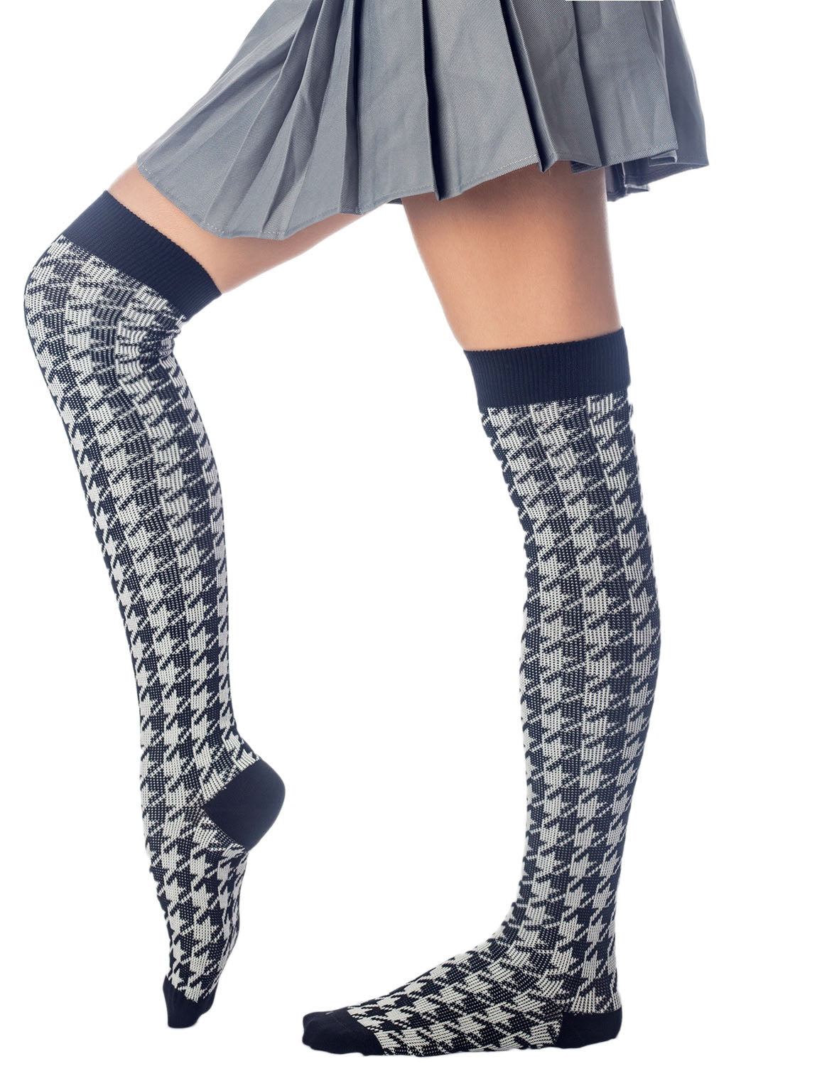 Women's Houndstooth Pattern Stylish Solid Color Hold-up Thigh High Long Socks