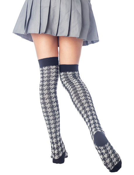 Women's Houndstooth Pattern Stylish Solid Color Hold-up Thigh High Casual Long Socks