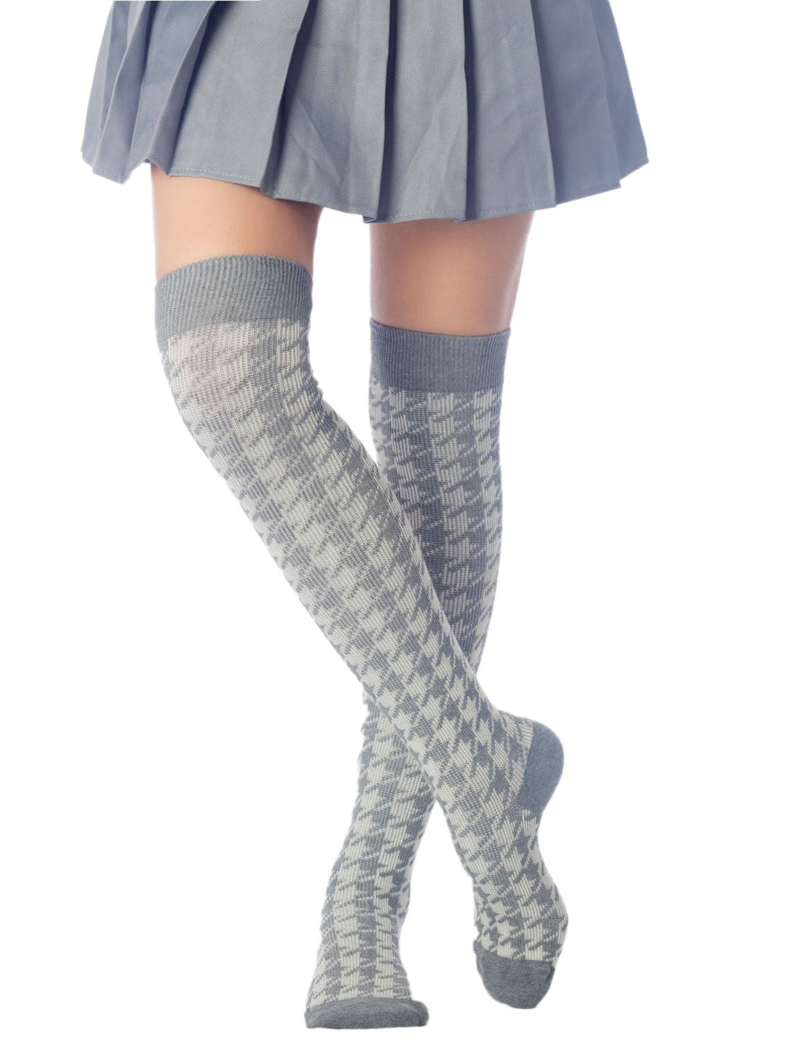 Women's Houndstooth Pattern Stylish Solid Color Hold-up Thigh High Long Socks