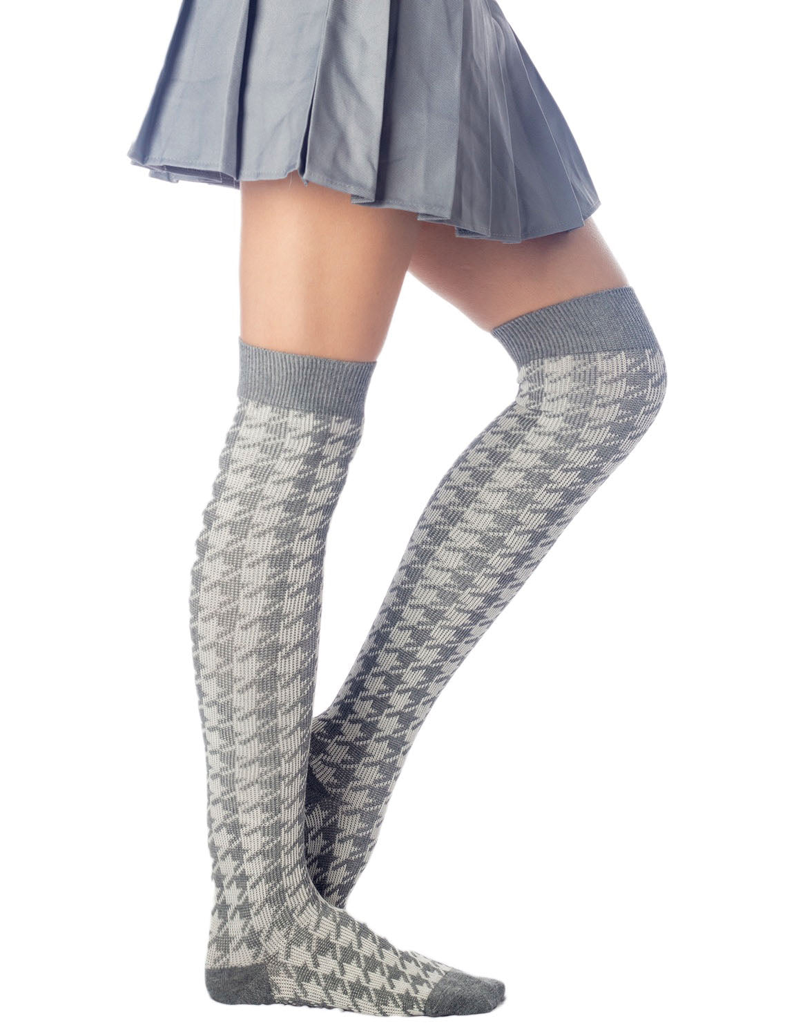 Women's Houndstooth Pattern Stylish Solid Color Hold-up Thigh High Long Socks