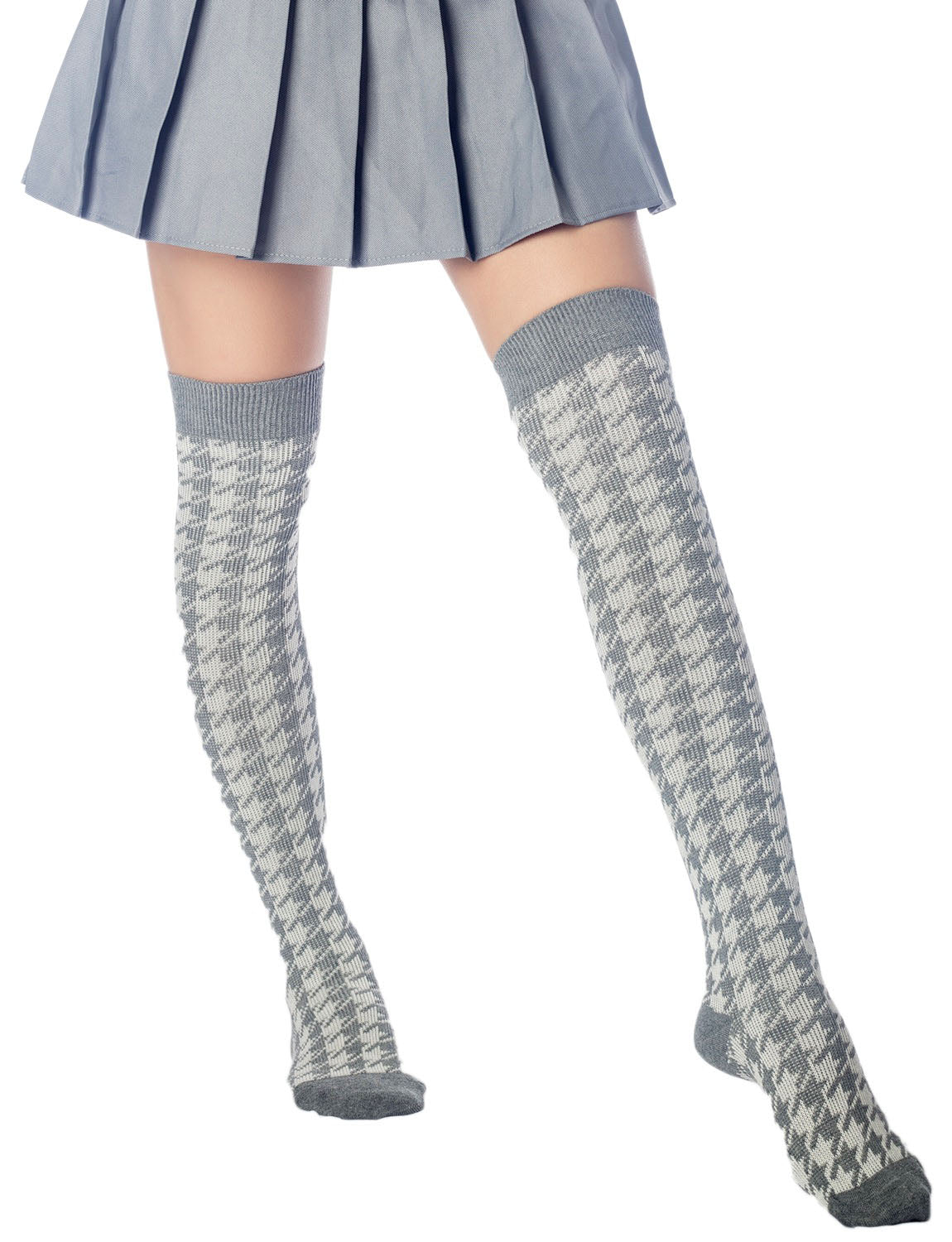 Women's Houndstooth Pattern Stylish Solid Color Hold-up Thigh High Casual Long Socks