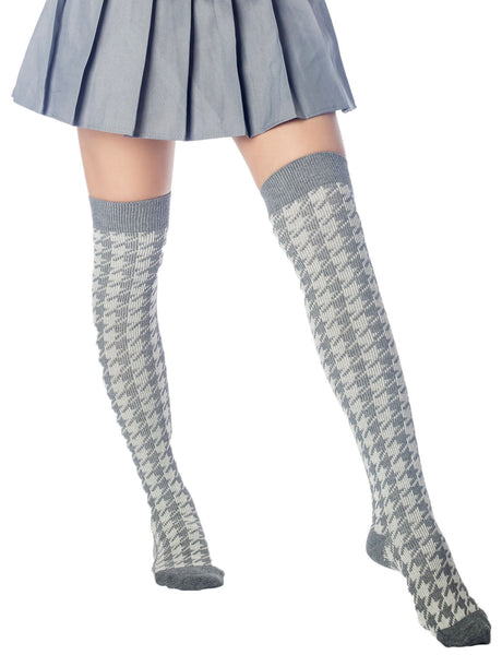Women's Houndstooth Pattern Stylish Solid Color Hold-up Thigh High Long Socks