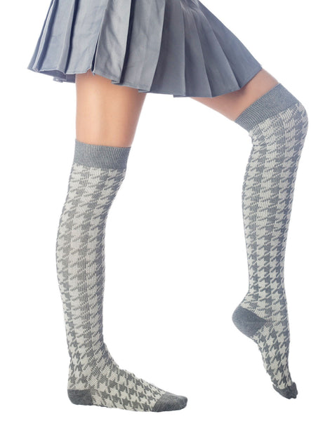 Women's Houndstooth Pattern Stylish Solid Color Hold-up Thigh High Casual Long Socks